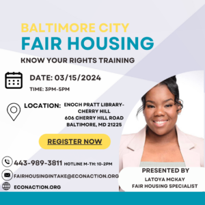 Flyer for Baltimore City Fair Housing training